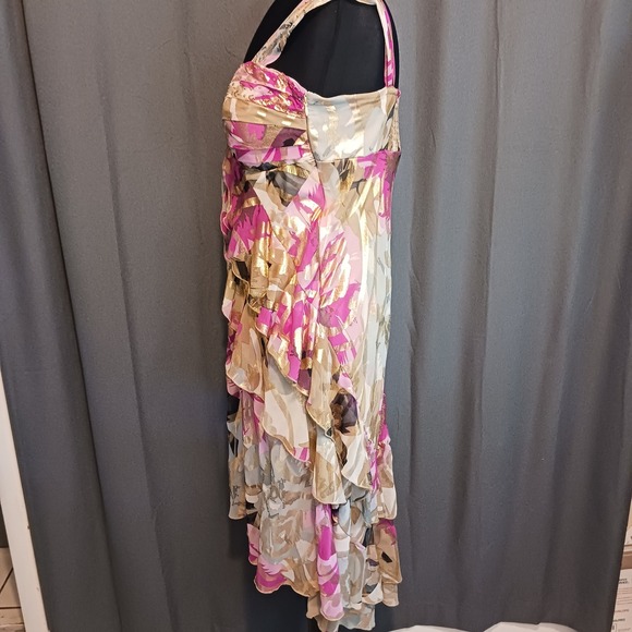 Signature by Robbie Bee Boho Pink Gold Metallic Floral Tiered Ruffle Dress 14 - Picture 7 of 8